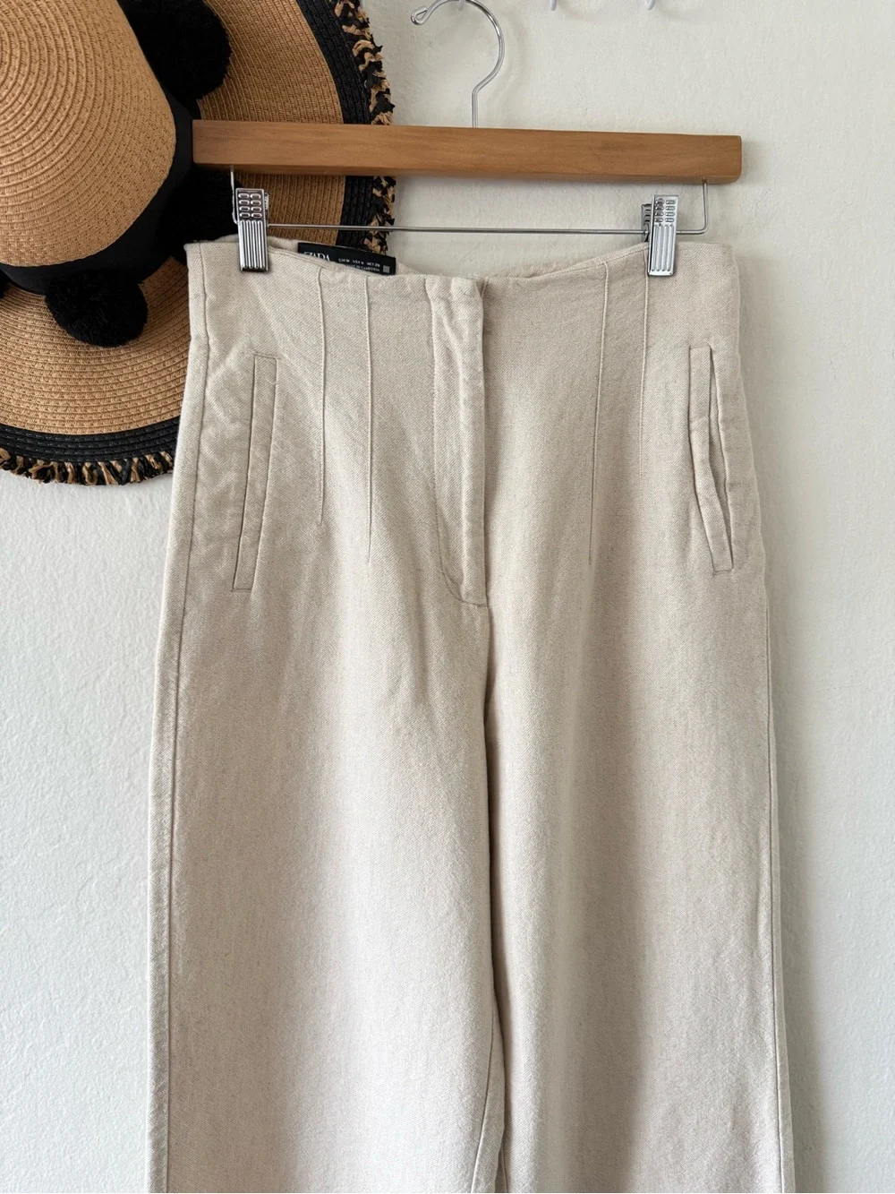 Zara Oatmeal Linen Blend Cropped Wide Leg Pants Size Medium Coastal Grandma